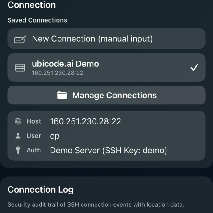 Ubicode connection audit log screen
