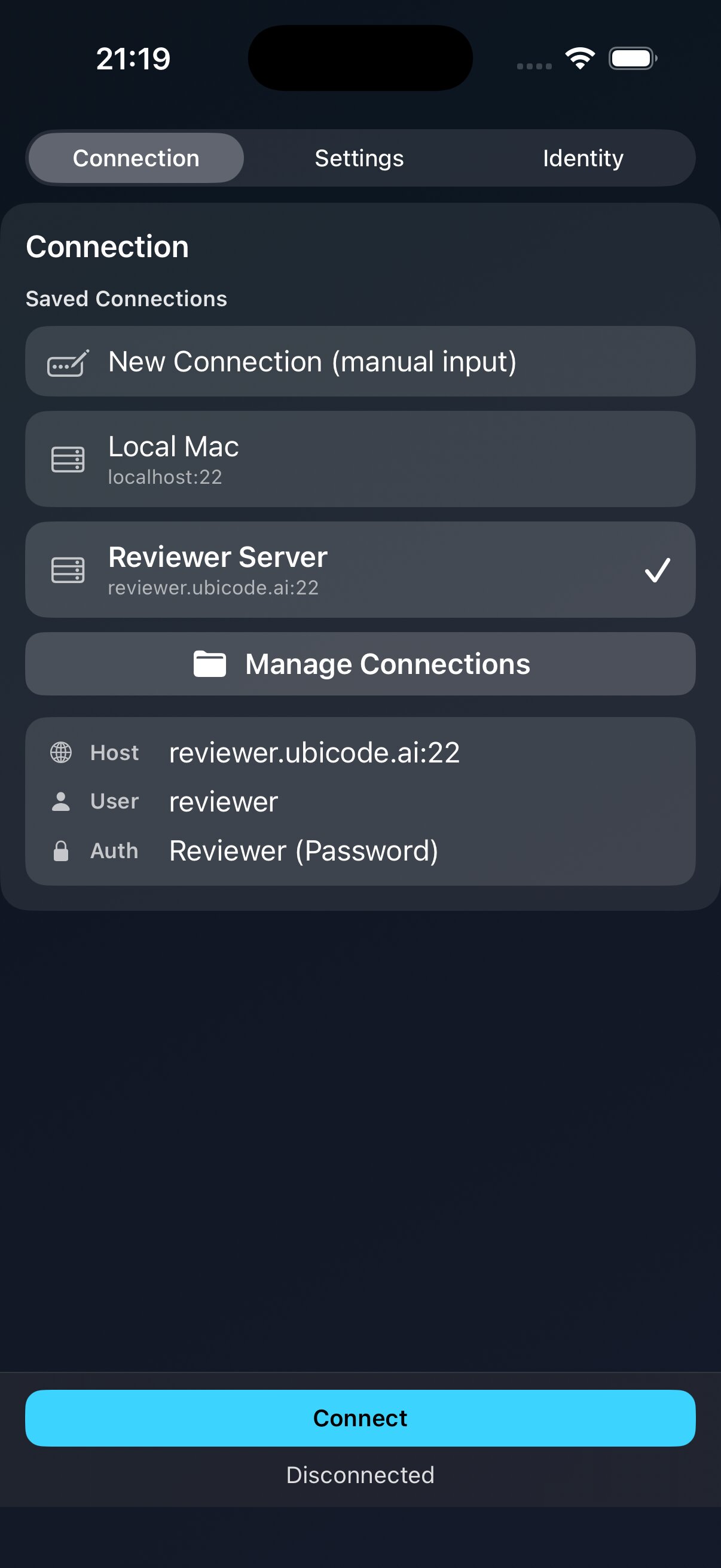 Ubicode saved SSH connection screen